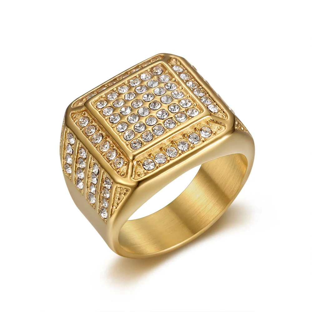 Hip Hop Iced Out Bling Square Ring Male Wholesale Gold Color Stainless Steel Big Rapper Rings For Men Fashion Party Jewelry Gift 250717