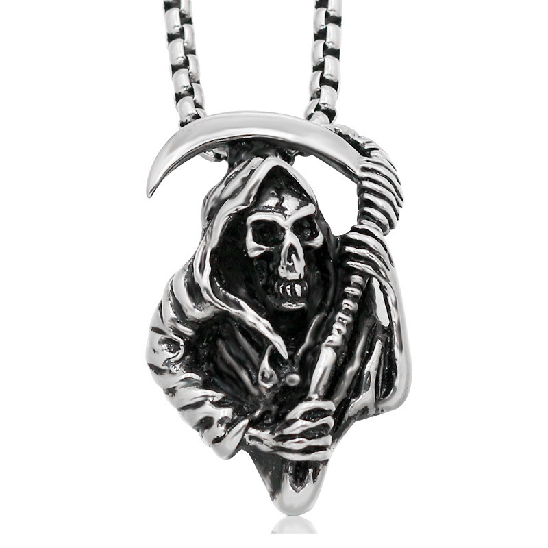 Japanese and Korean Skeleton Death Scythe Pendant Necklace Domineering Personality Stainless Steel Punk Trendy Men's Necklace Stainless Stee