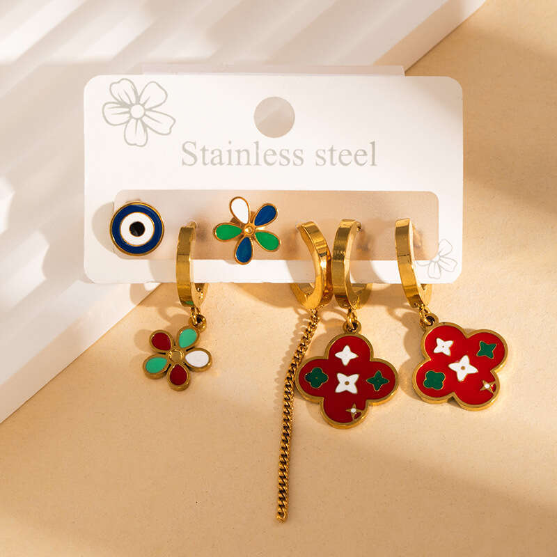 New Devil's Eye Stainless Steel Earring Set High-end Elegant Versatile Water Drop Earrings for Women