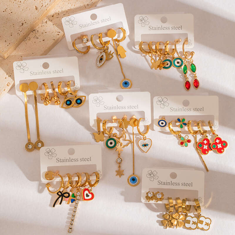 New Devil's Eye Stainless Steel Earring Set High-end Elegant Versatile Water Drop Earrings for Women