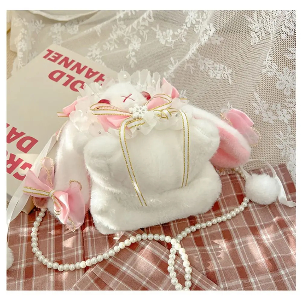 Cute Bunny Plush Bag Lolita Element Shoulder Bag Kawaii Princess Sweet Pearl Chain Crossbody Bags Long-eared Rabbit Purse 250717