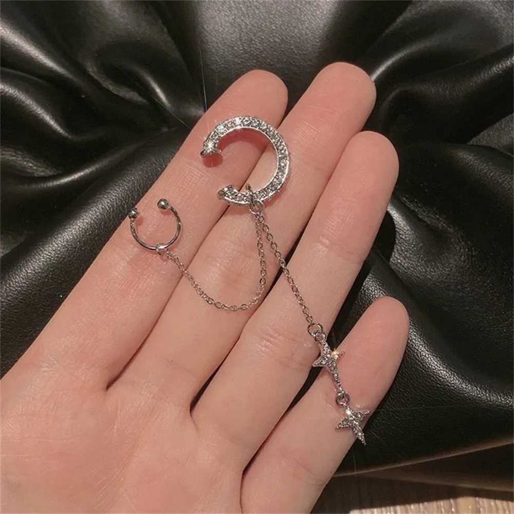 Shiny Silver Color Crystal Tassel Non-Piercing Cuff Ear Clip Earring For Women Rhinestone Star Fake Cartilage Piercing Jewelry XJ250718