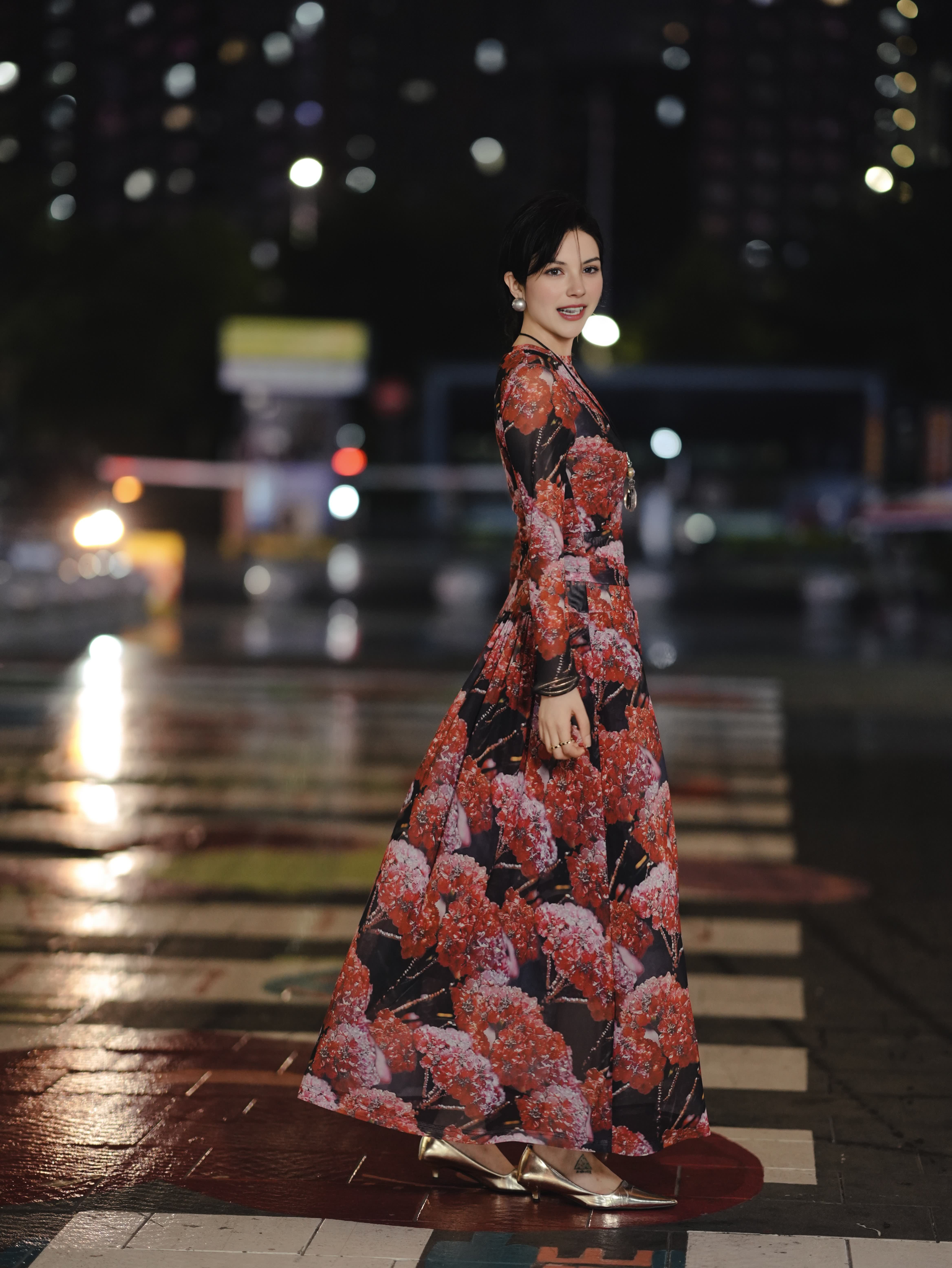 HZHJ New Designer's Red Flower Cluster Winter Long Sleeve Set Skirt Slimming Printed Dress Medium Length