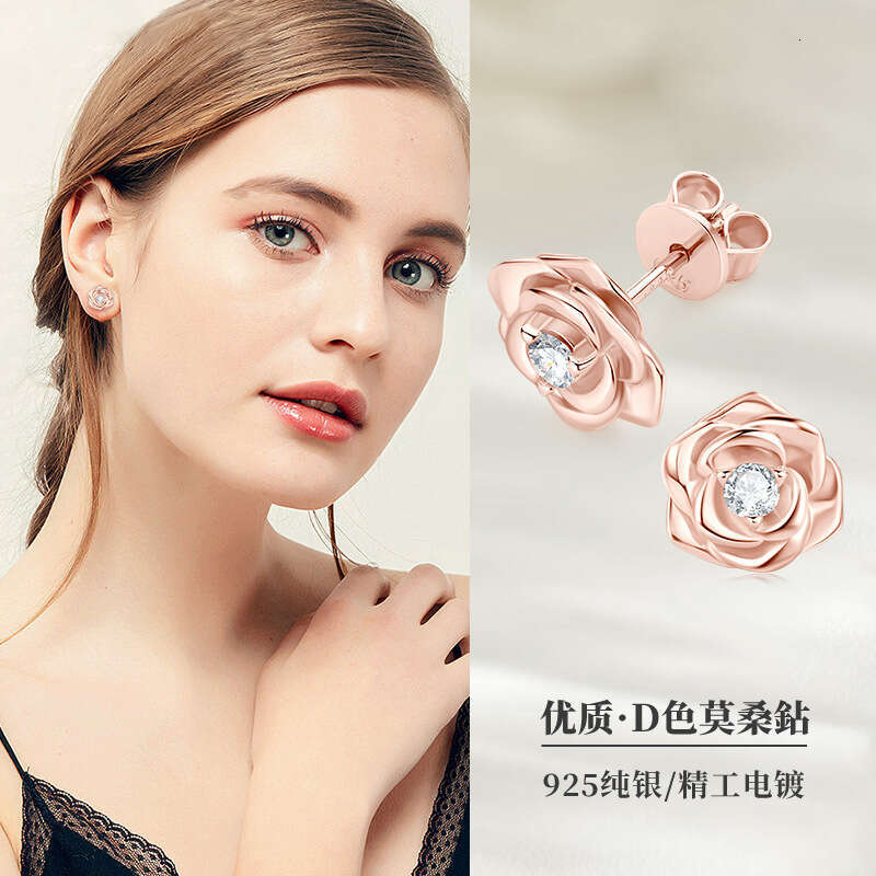 INS Fresh Rose Gold D Color Moissanite Earrings Sier Jewelry High-end Design