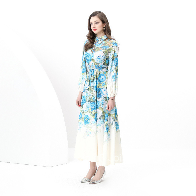 8852 Early Spring New Womens Vacation Style Stand Collar Lace Patchwork Printed Flared Long Dress