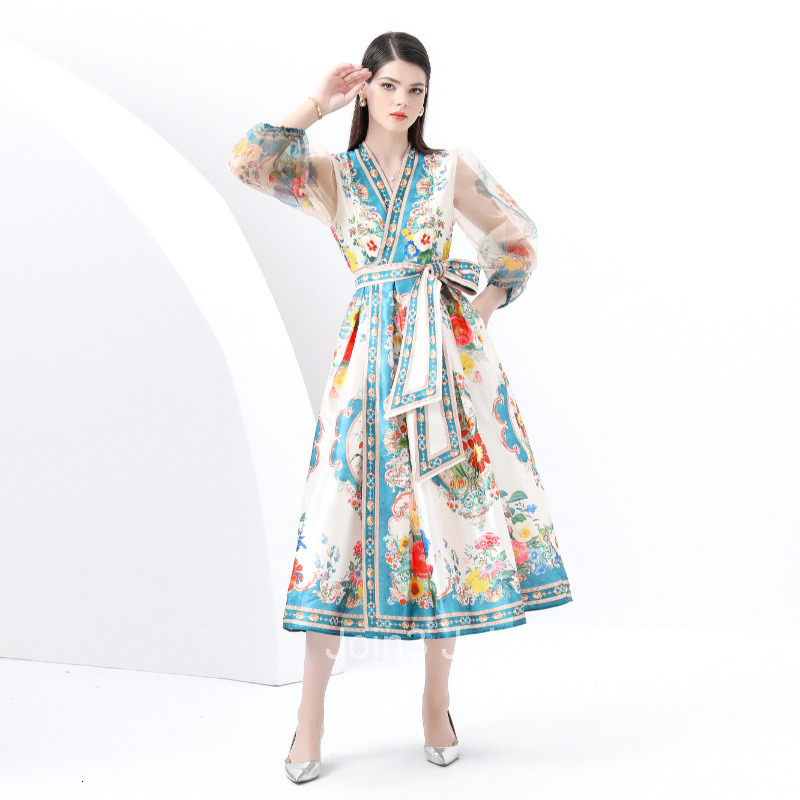 6016 Early Spring Vacation Wrap Tie Style Lantern Sleeve Long Printed Dress