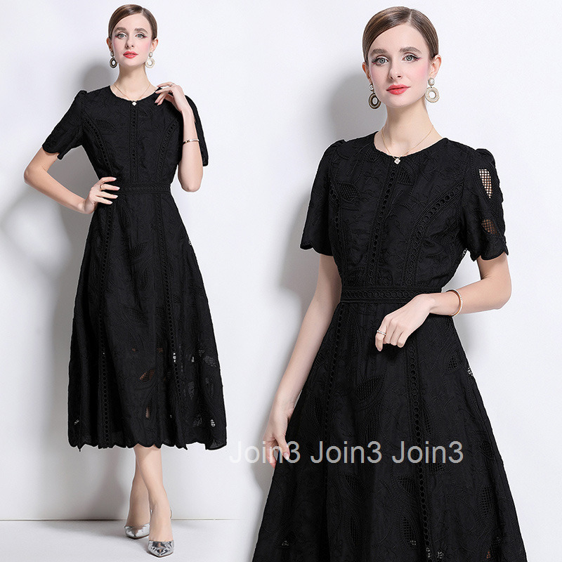 6974 Summer French Heavy Embroidered Hollow Out Round Neck Waist-Cinching Short Sleeve Dress for Women Slimming Long Dress