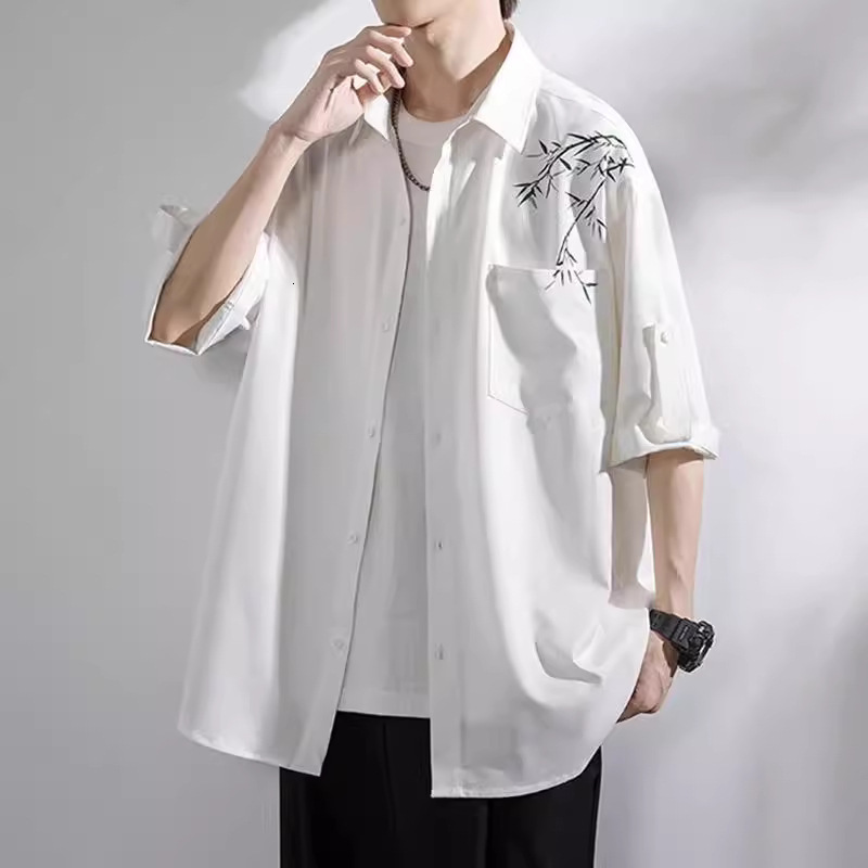 Ice Silk Shirt Men Short Summer Trendy Brand Bamboo New Men's Clothing Chinese Style Top Loose Casual Three Quarter Sleeve
