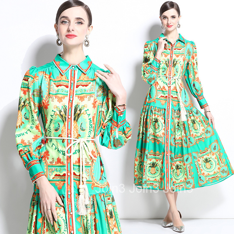 1236 Spring and Autumn New Cotton and Hemp Collar Lantern Sleeve Printed Dress Long Dress
