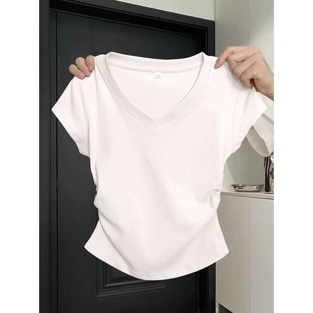 92 Cotton Blue Regular Shoulder Sleeve T-Shirt Women's Summer Slim Fit Stylish Pleated Waist Short Top