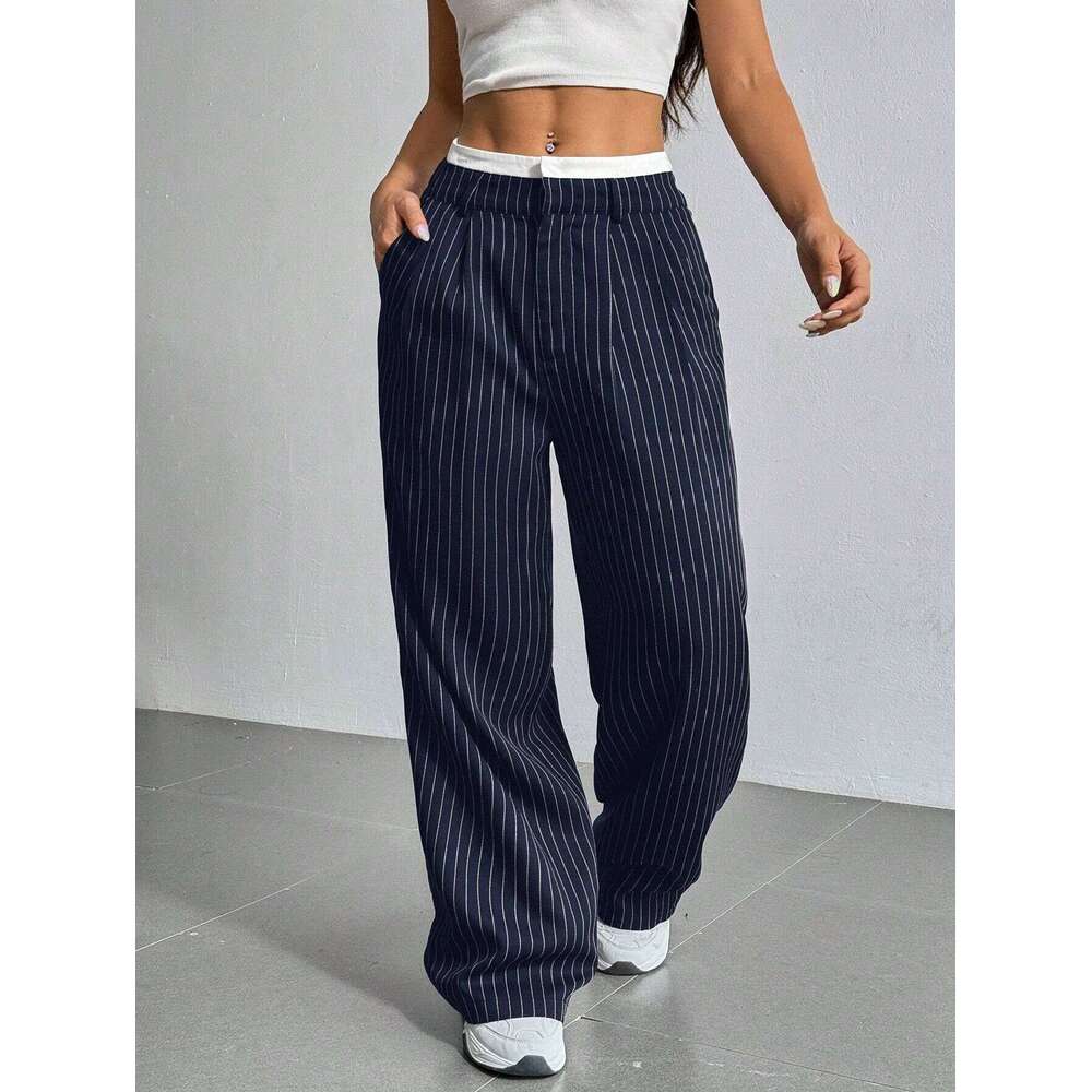 2025 Spring Summer New Women's Dress Pants Cross-Border Japanese Korean Casual High Waist Spliced Simple Draped Commuter Straight-Leg Trousers