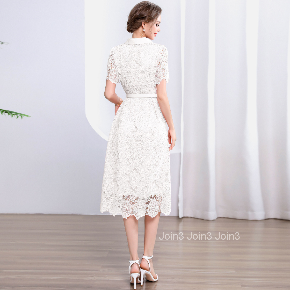 5868 Summer New Womens Long Dress Elegant Slim Waist Hollow Lace Dress