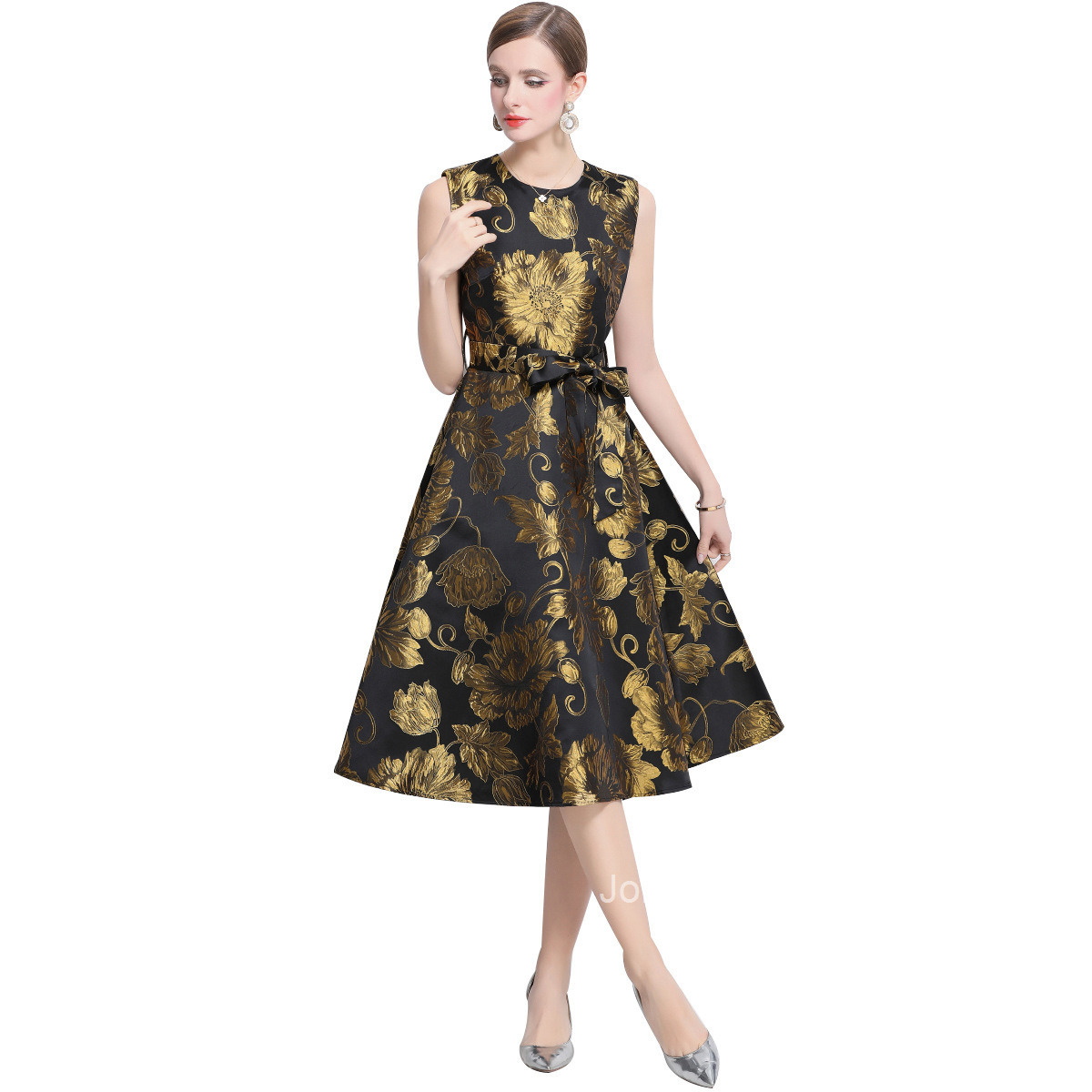 5867 New Jacquard Womens Waist-Cinching Flared Mid-Length Dress