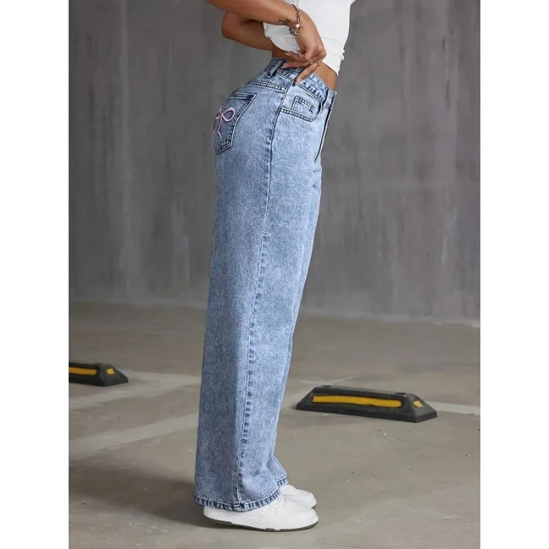 Denim Wide Leg Jeans High waisted Bow Embroidered Pocket Wide Leg Jeans Fashionable Womens Trousers Casual Style 250711