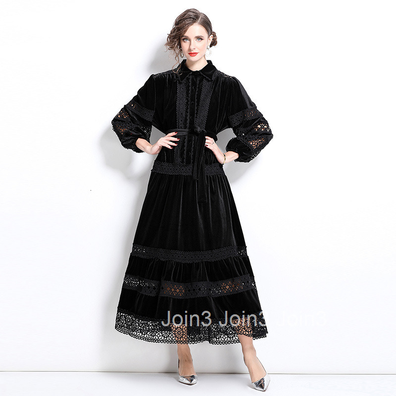 6578 autumn and winter new style lace hollow out temperament velvet long skirt dress