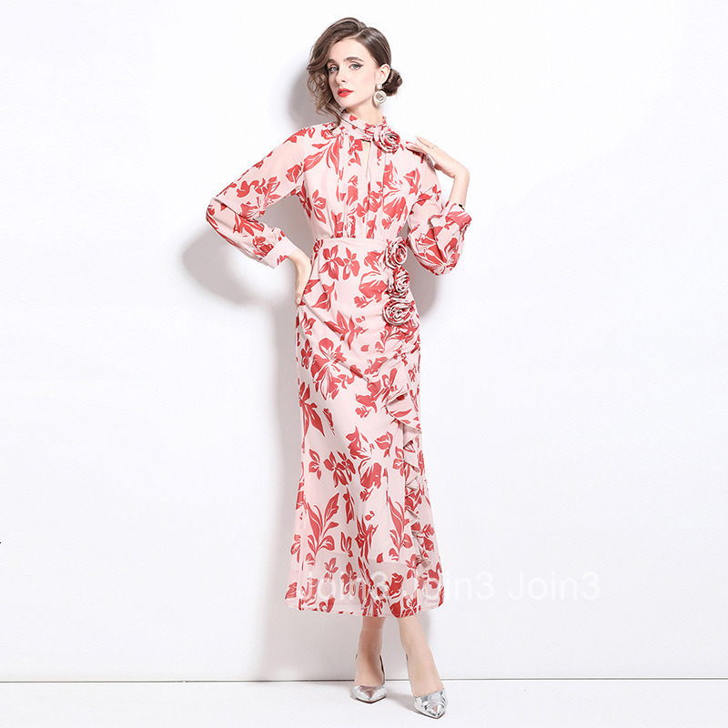 6015 Autumn New Womens Long Sleeve Printed Chiffon Dress Slim Waist Elegant Long Dress