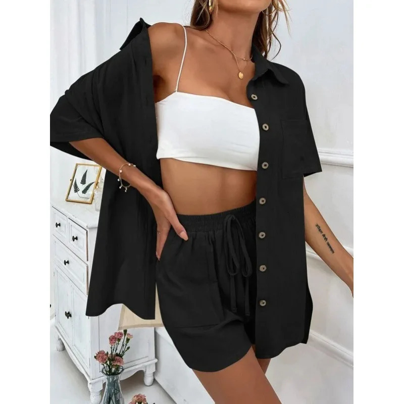 Fashion Black Short Sleeve Shirt And Shorts Two Piece Set 2025 Summer Cotton Linen Casual Home 2 Outfit 250717