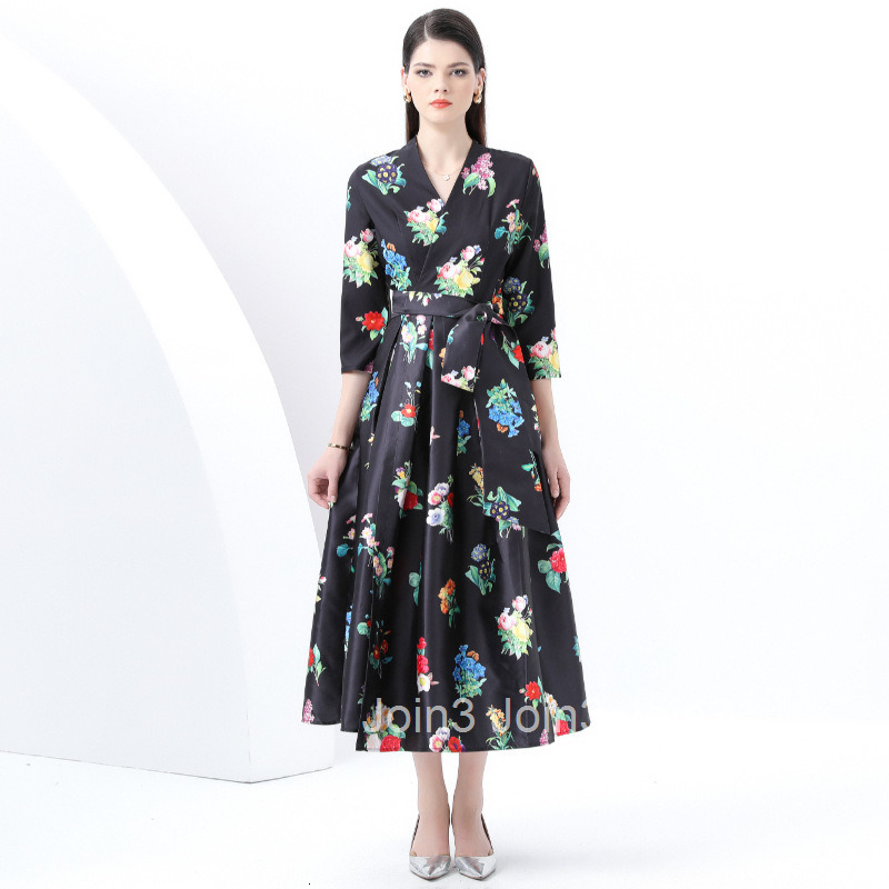 6065 Spring and Autumn New Womens Vacation Wrap Tie V-neck Three-quarter Sleeve Printed Long Dress