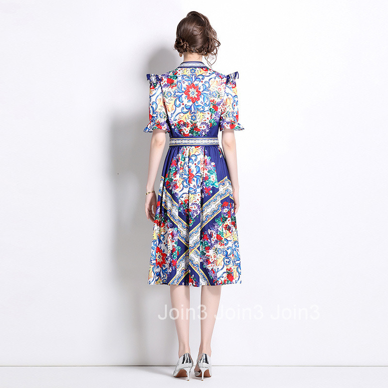 6072 Fashion Elegance Style Stand Collar Single-Breasted Printed Dress