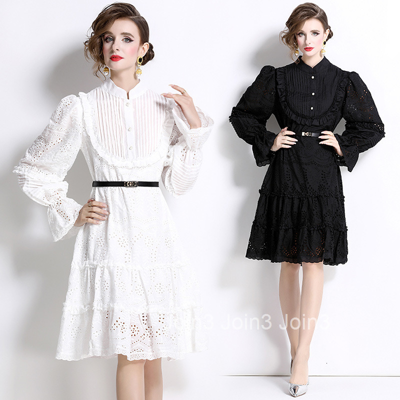 6572 Spring and Autumn New Womens Fashion Elegant Casual Stand Collar Single-Breasted Embroidered Hollow Out Ruffle Dress