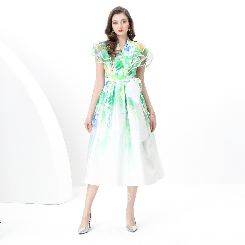 8870 Early Spring New Womens Vacation Wrap Tie V-neck Flutter Sleeve Long Dress Printed Dress