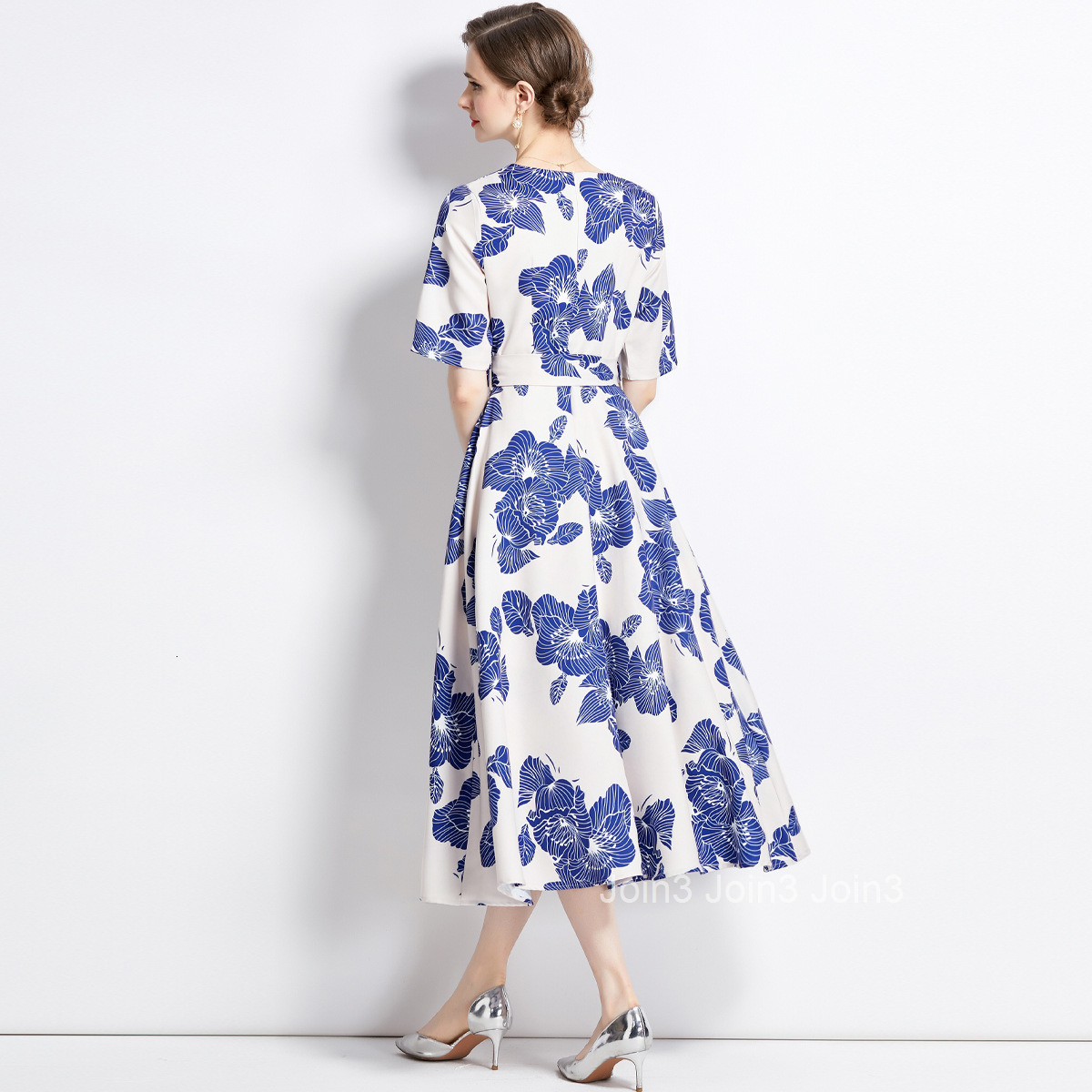 9034 Summer New Womens Blue and White Porcelain Print Round Neck Waist-Cinching Fashion Slim Long Dress