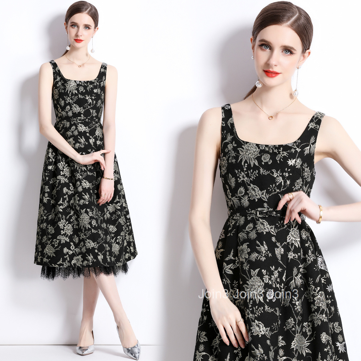 1968 Summer New Womens Fashion Elegant Jacquard Strap Waist Slimming Flared Mid-Length Dress