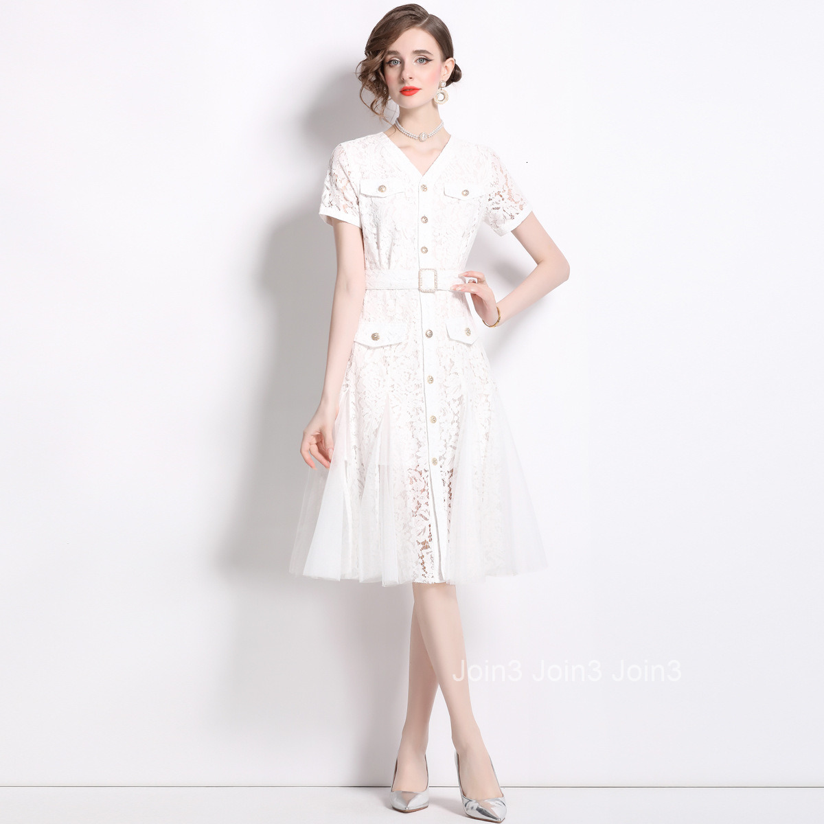 6867 Summer New Womens Fashion Large Hem Dress Lace Patchwork Mesh Waist Cinching Single-Breasted V-Neck Dress