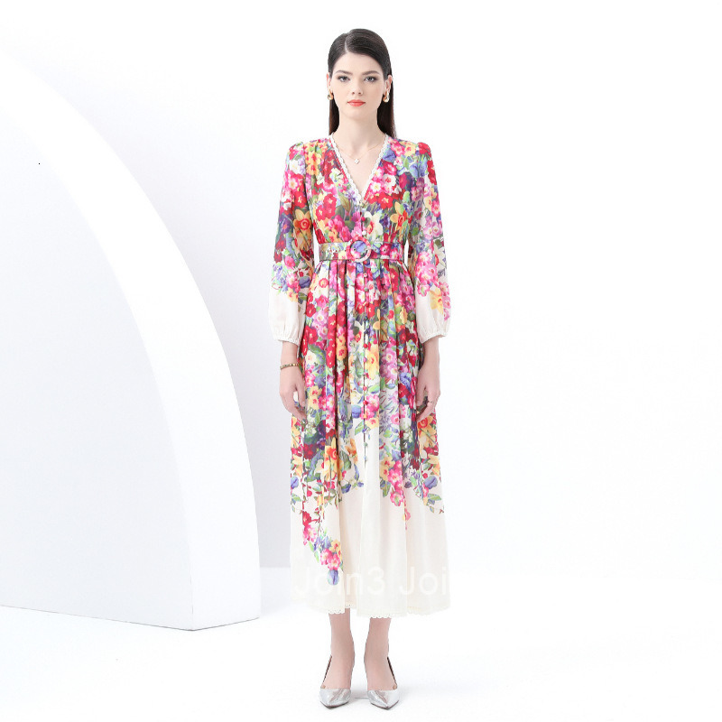 6072 Early Spring New Womens Clothing Elegance Style V-neck Lantern Sleeve Printed Long Dress