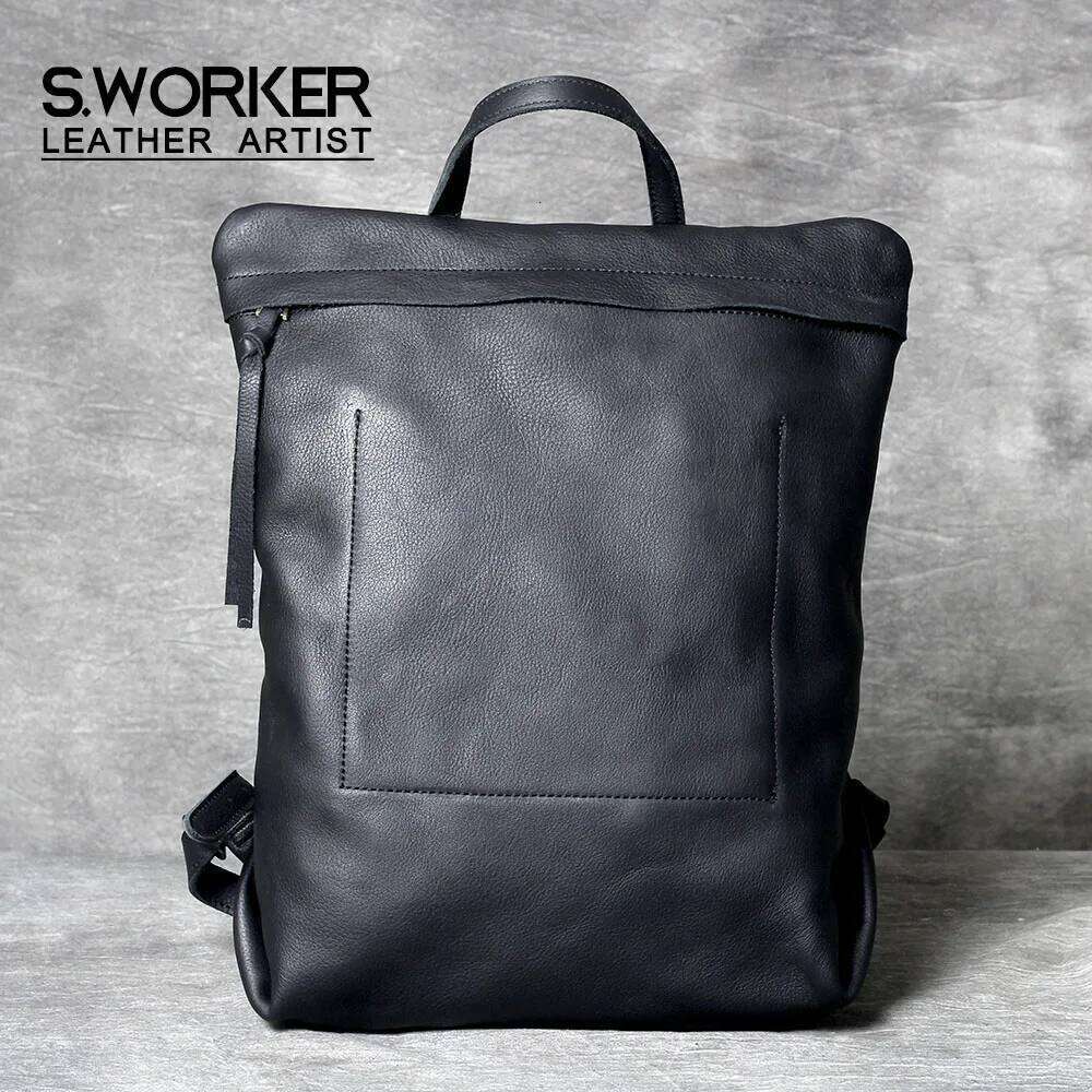 S.Worker Casual Genuine Backpack Full-Grain Cowhide Leather Laptop Shoulder School Bag Fashion