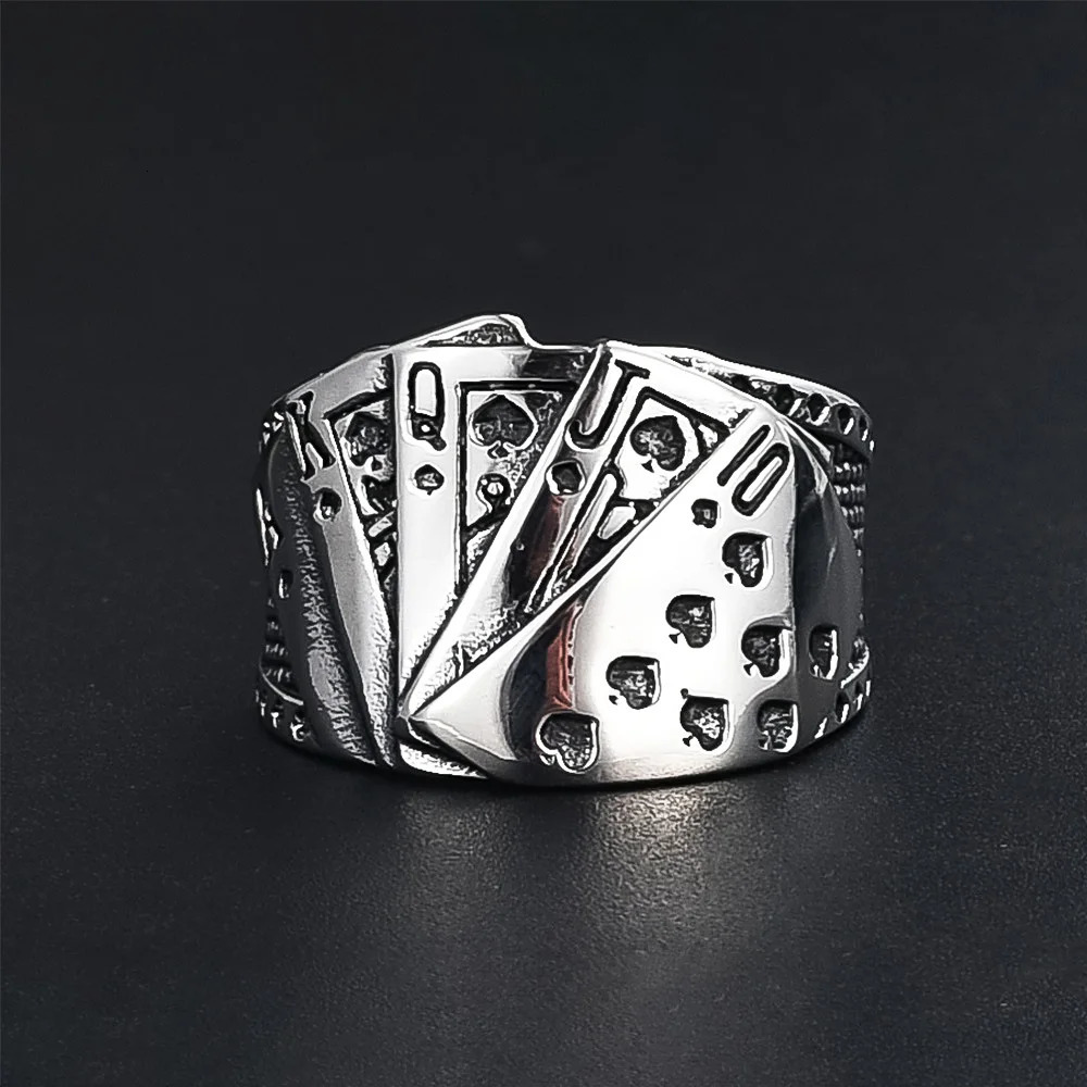 Lucky Poker Flush Ring Men Women Gold/Silver Color Stainless Steel Punk Biker Ring Hip Hop Playing Card Ring Magician Jewelry 250717