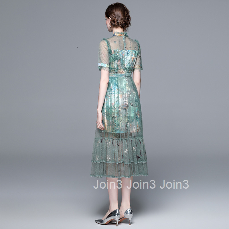 6994 Summer New Womens Fashion Elegant Embroidered Beaded Polka Dot Short Sleeve Flared Long Dress Mesh Dress