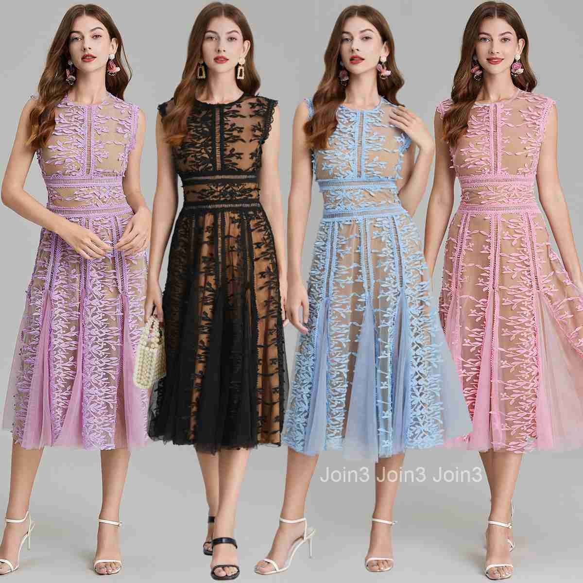 648 Summer New Womens Fashion Elegant Embroidered Mesh Lace Patchwork Waist-Cinching Hollow Slimming Dress