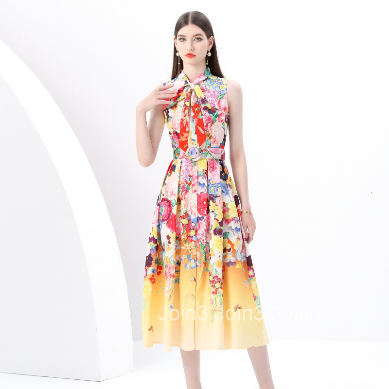 6139 Early Spring Flutter Collar Sleeveless Pleated Single Placket Long Oil Painting Print Dress