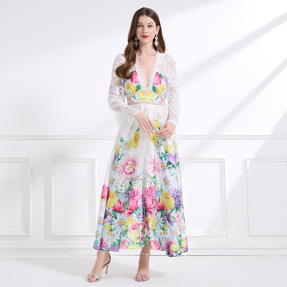 2183 Spring New Womens Fashion Elegant Vacation Style Lace Trim Patchwork Print Waist-Cinching Long Dress