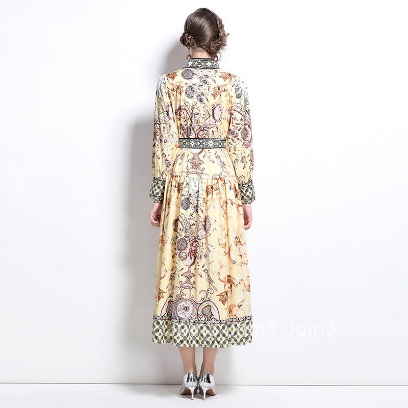 6086 Autumn New Womens Clothing Style Fashionable Elegance Style Stand up Collar Printed Large Swing Long Dress