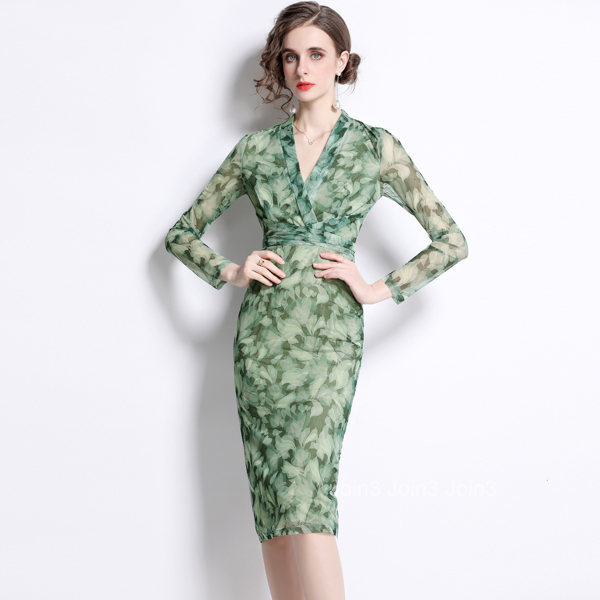 9037 Spring Summer New Womens Fashion Elegant Printed Dress V-neck Long Sleeve Tie Slim Fit Mid-length Dress