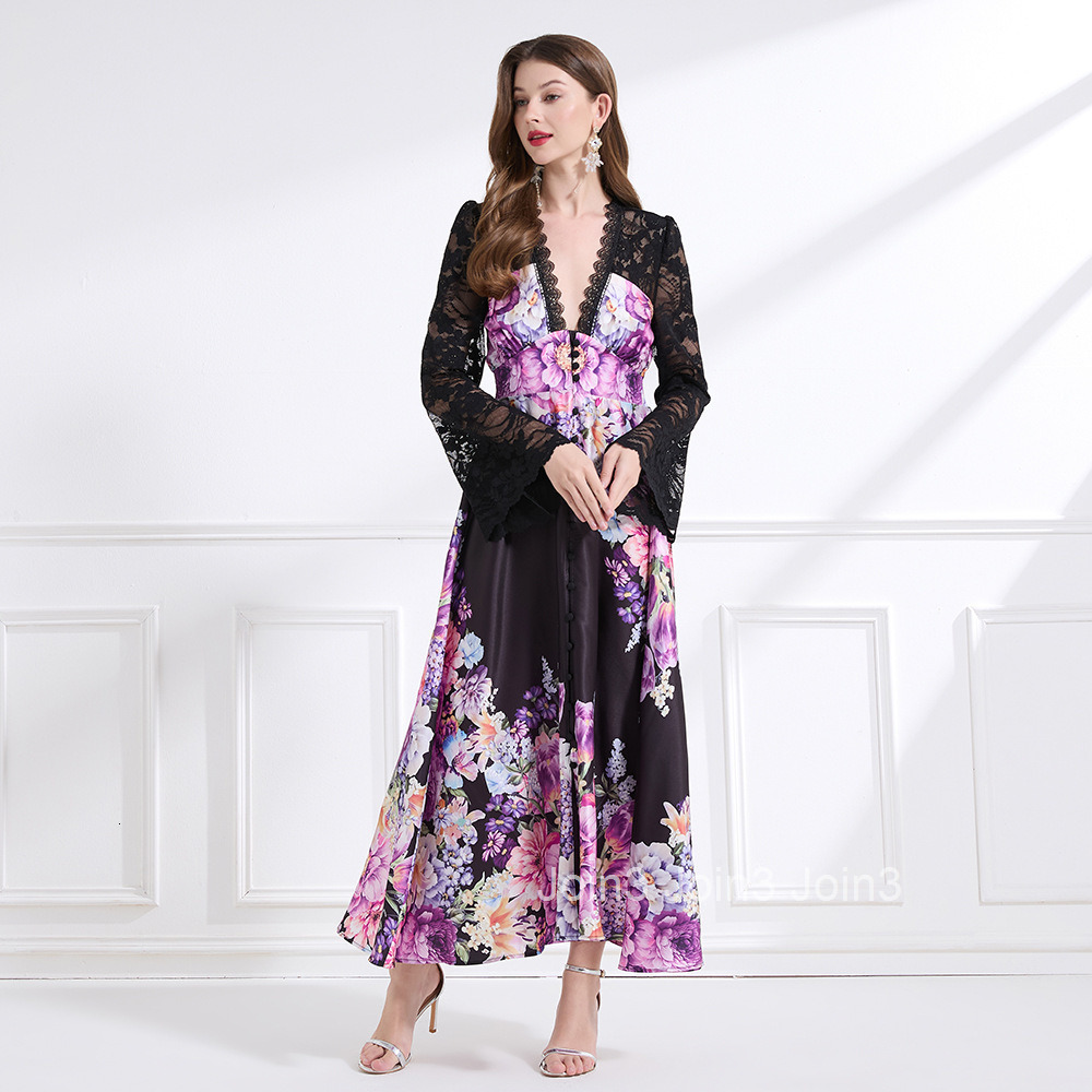2188 Spring New Womens Fashion Elegant Vacation Style Lace Trim Patchwork Printed Waist-Cinching Long Dress