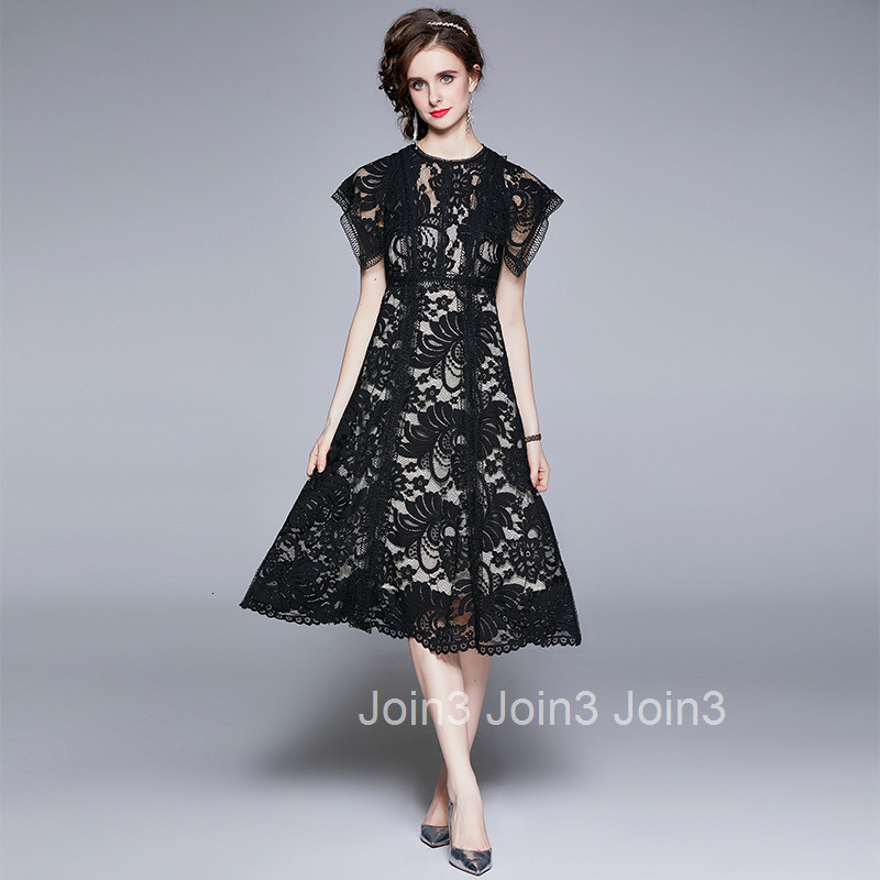 6736 summer womens temperament black hollowed out lace sleeveless slim fit large swing medium length dress