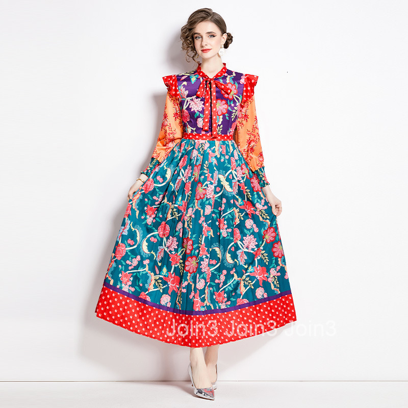 2480 Spring and Autumn New Womens Ethnic Style Elegant Printed Tie Long Sleeve Flared Long Dress