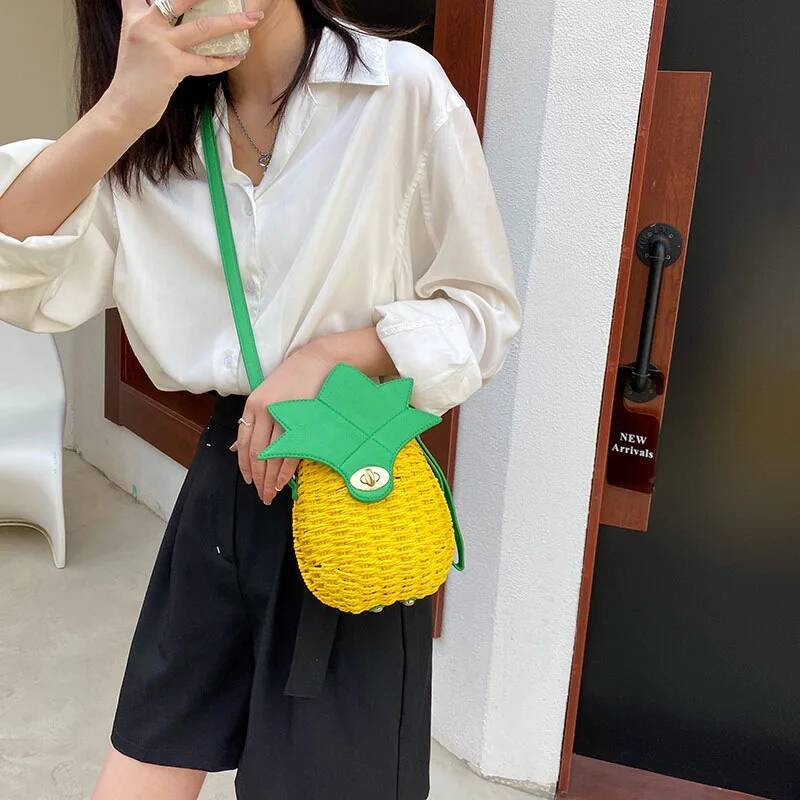 Woven Handbag Newly Cute Fruit Bag Pineapple Package Pure Manual Straw Circular Beach Women Messenger Bags