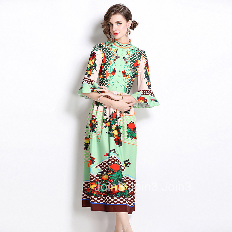 1062 Summer New Womens Fashion Elegant Flared Sleeve Fashion Print Beach Vacation Long Dress