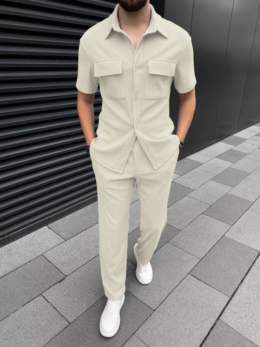 Mens Spring Summer Corduroy Short-Sleeved Shirt And Long Pants Set Casual Lapel Button Pocket Fashionable Two-Piece Outfit 250715