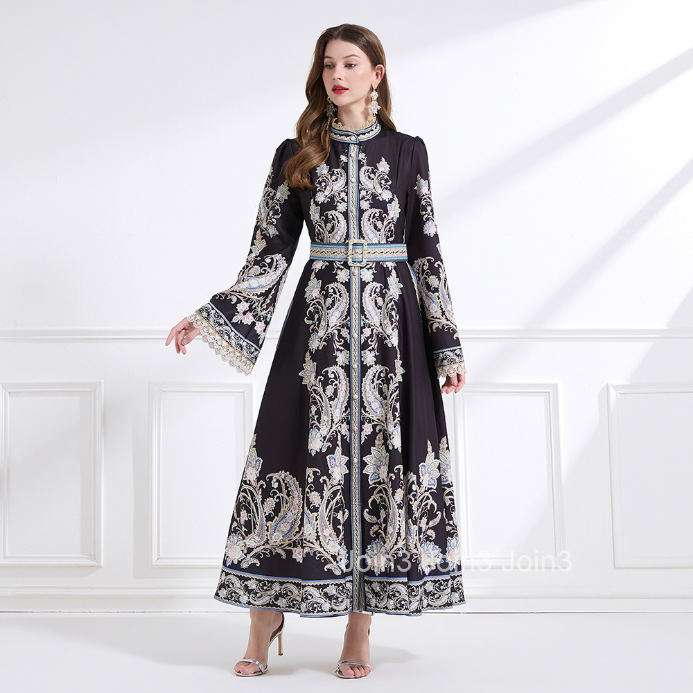 2186 Spring New Womens Clothing Elegance Style Stand Collar Lace Print Waist Cinching Flared Long Dress