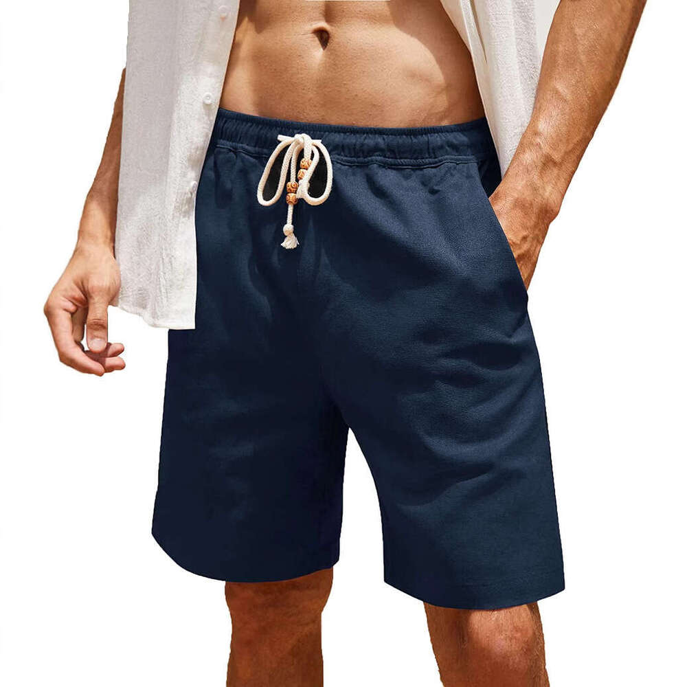 2023 Men's Cotton Linen Drawstring Plus Size Pocket Casual Shorts