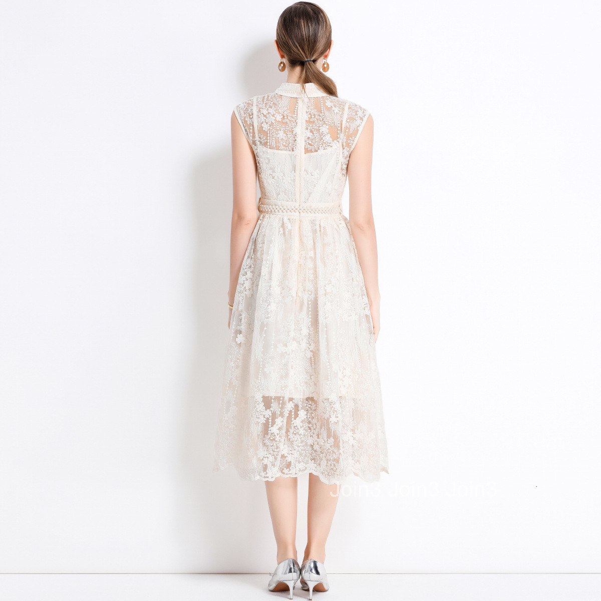 5875 Elegant Mesh Embroidered Long Dress Slim Waist Inner Strap Dress