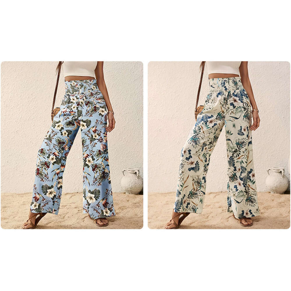Cross-Border Spring European and American Women's New Fashion Long Printed Casual Elegant High Waist Gathered Straight Wide-Leg Pants