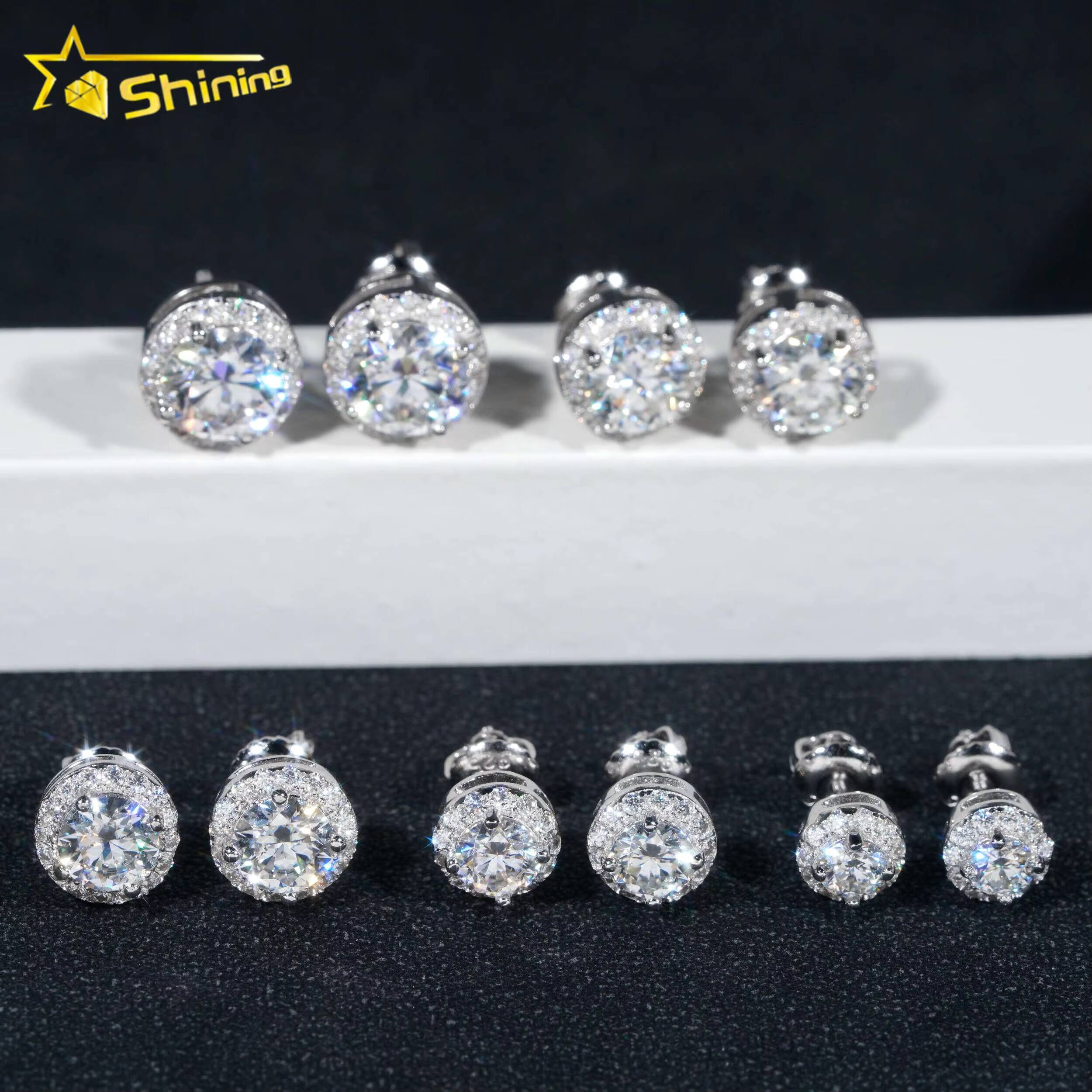 Hot Selling Hip Hop Style 6.5MM 8MM 9MM 925 Silver Halo Design Moissanite Diamond Stud Earrings