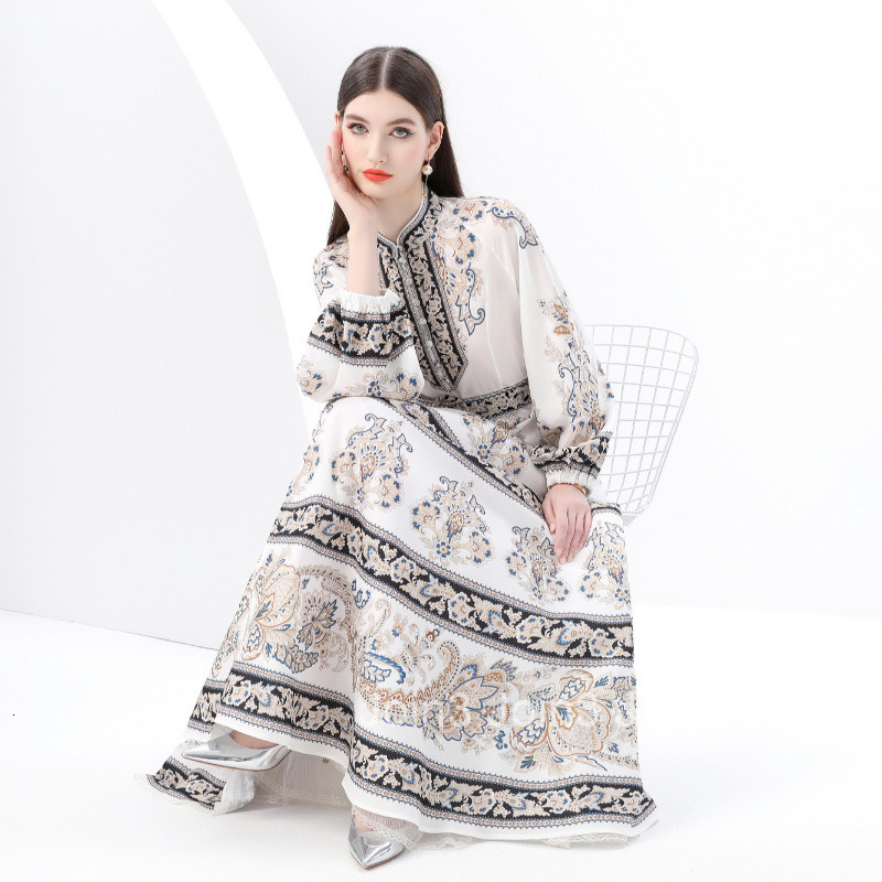 6169 Spring and Autumn New Womens Clothing Style Vacation Elegance Style Standing Collar Printed Large Swing Long Dress