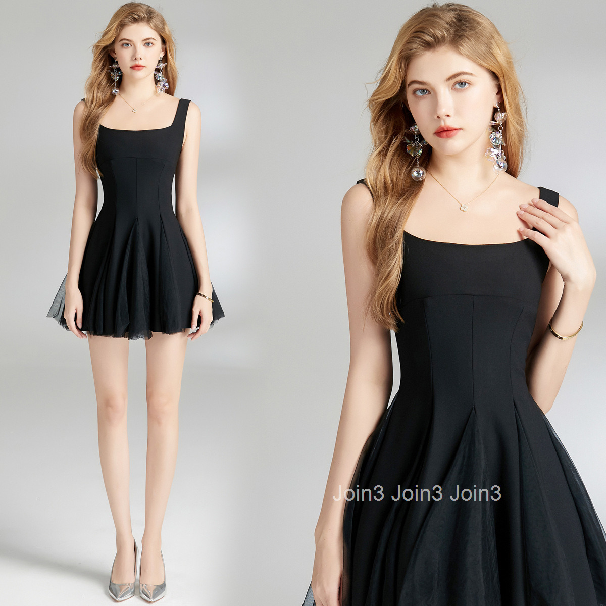 6851 Summer New Womens Fashion Elegant Fashion Solid Color Spaghetti Strap Slim Fit Mesh Puff Short Dress